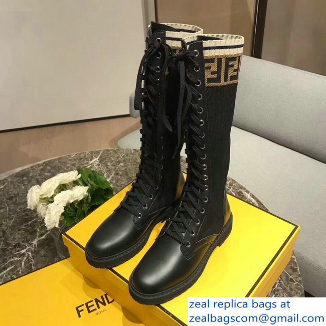 Fendi FF Logo Beige Stretch Ribbed Fabric and Leather Rockoko Combat Boots Black 2018
