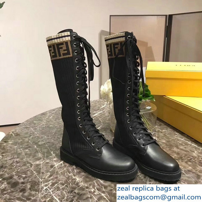 Fendi FF Logo Beige Stretch Ribbed Fabric and Leather Rockoko Combat Boots Black 2018