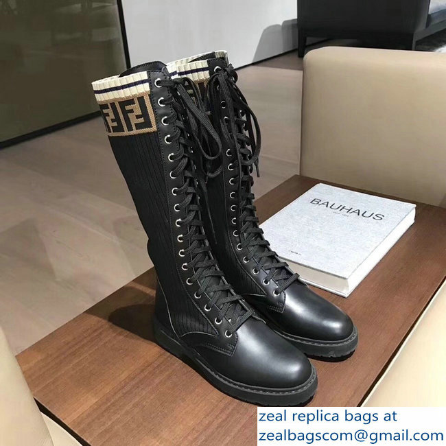 Fendi FF Logo Beige Stretch Ribbed Fabric and Leather Rockoko Combat Boots Black 2018