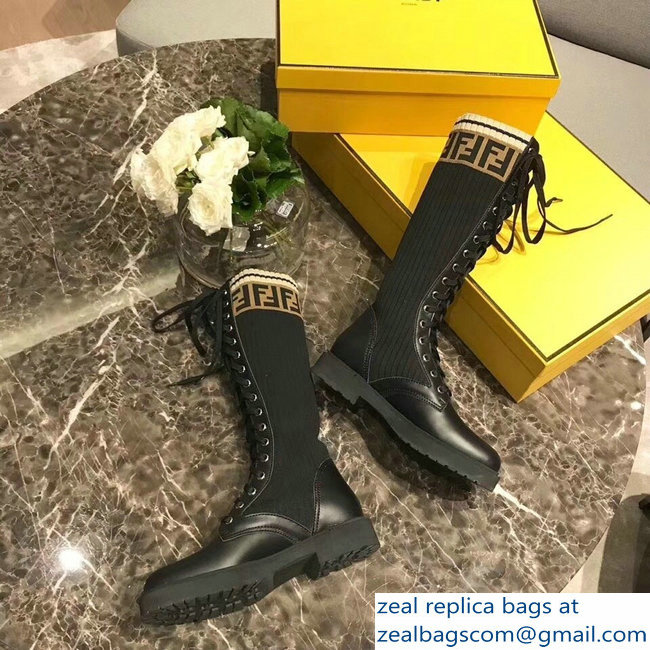 Fendi FF Logo Beige Stretch Ribbed Fabric and Leather Rockoko Combat Boots Black 2018