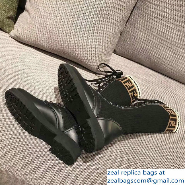 Fendi FF Logo Beige Stretch Ribbed Fabric and Leather Rockoko Combat Boots Black 2018
