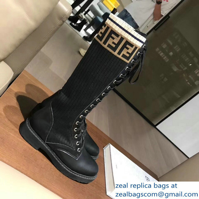 Fendi FF Logo Beige Stretch Ribbed Fabric and Leather Rockoko Combat Boots Black 2018