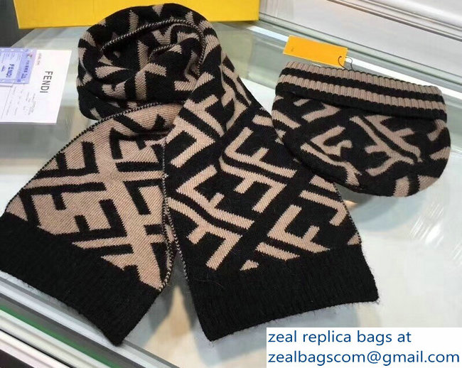 Fendi FF Logo Hat and Scarf Set Beige