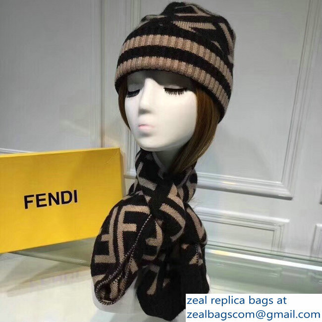 Fendi FF Logo Hat and Scarf Set Beige