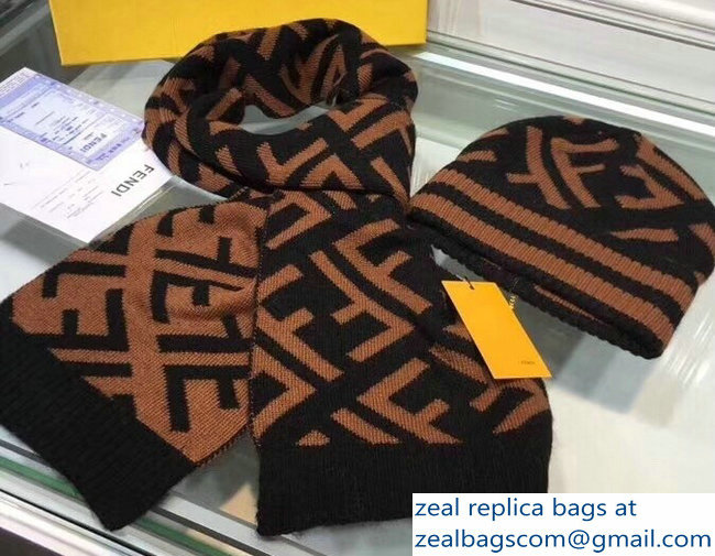 Fendi FF Logo Hat and Scarf Set Coffee