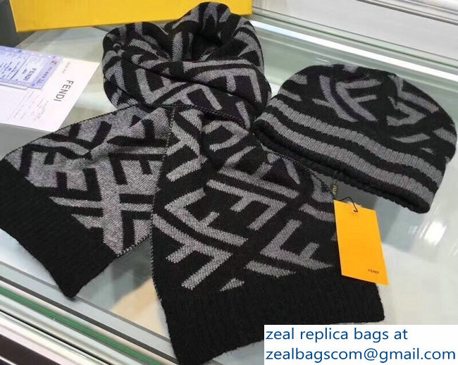 Fendi FF Logo Hat and Scarf Set Gray