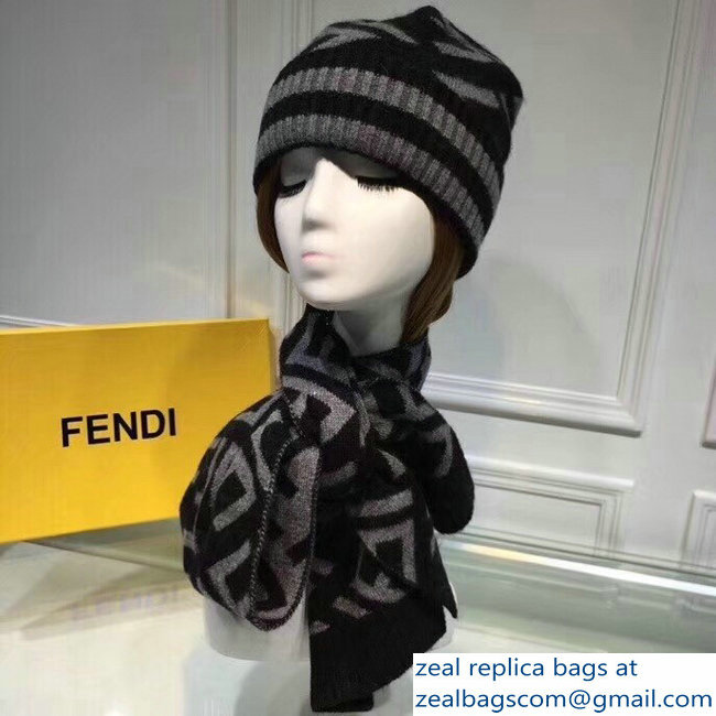 Fendi FF Logo Hat and Scarf Set Gray