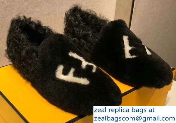 Fendi FF Logo Shearling Fur Loafers Black 2018 - Click Image to Close