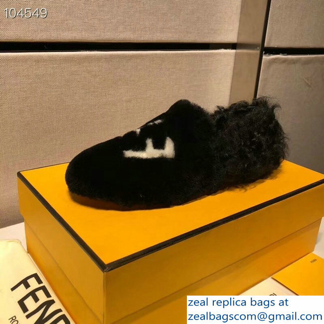 Fendi FF Logo Shearling Fur Loafers Black 2018 - Click Image to Close