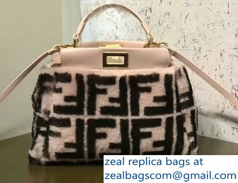 Fendi FF Print Multicolor Shearling Peekaboo Mini Bag Light Pink 2018 - Click Image to Close