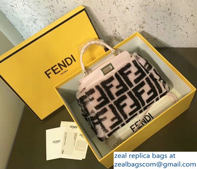 Fendi FF Print Multicolor Shearling Peekaboo Mini Bag Light Pink 2018