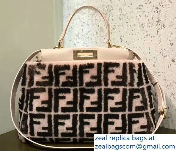 Fendi FF Print Multicolor Shearling Peekaboo Regular Medium Bag Light Pink 2018