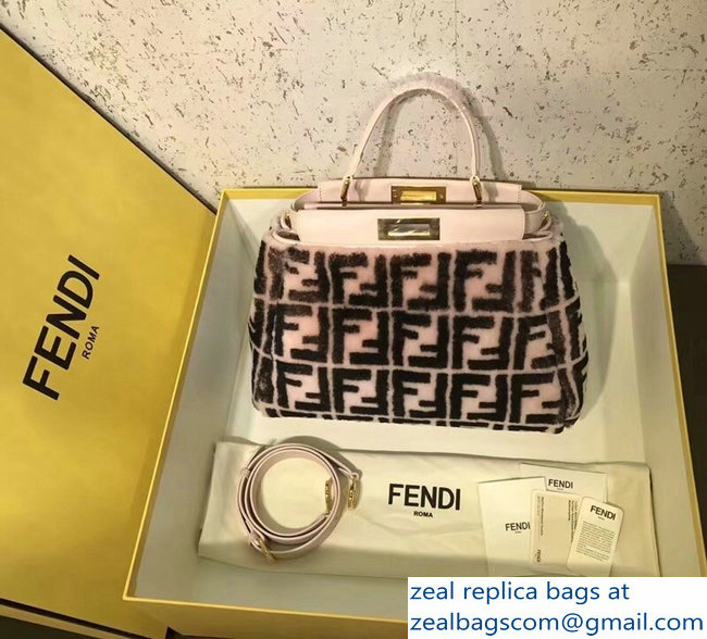 Fendi FF Print Multicolor Shearling Peekaboo Regular Medium Bag Light Pink 2018