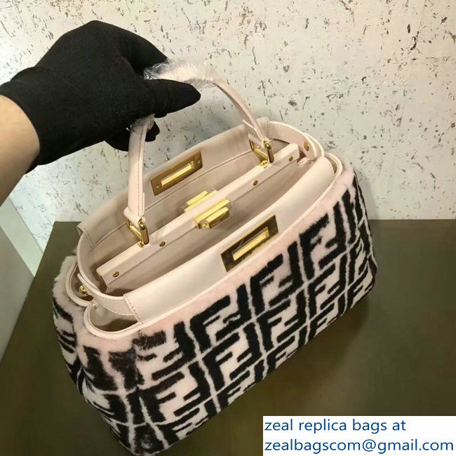 Fendi FF Print Multicolor Shearling Peekaboo Regular Medium Bag Light Pink 2018 - Click Image to Close
