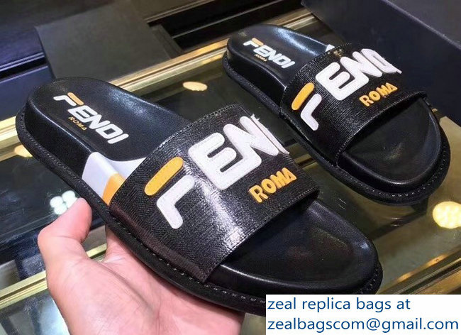 Fendi Glazed Fabric FF Mania Logo Slides Black 2018 - Click Image to Close