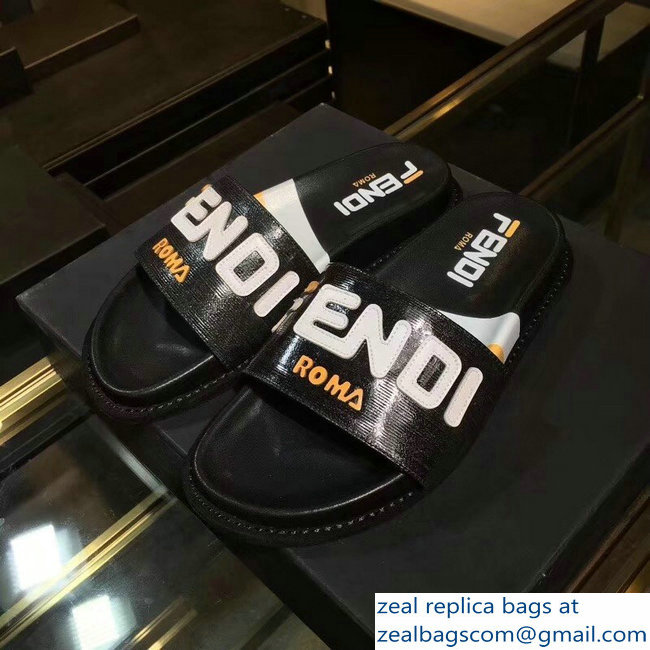 Fendi Glazed Fabric FF Mania Logo Slides Black 2018