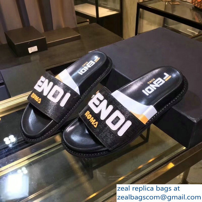 Fendi Glazed Fabric FF Mania Logo Slides Black 2018 - Click Image to Close