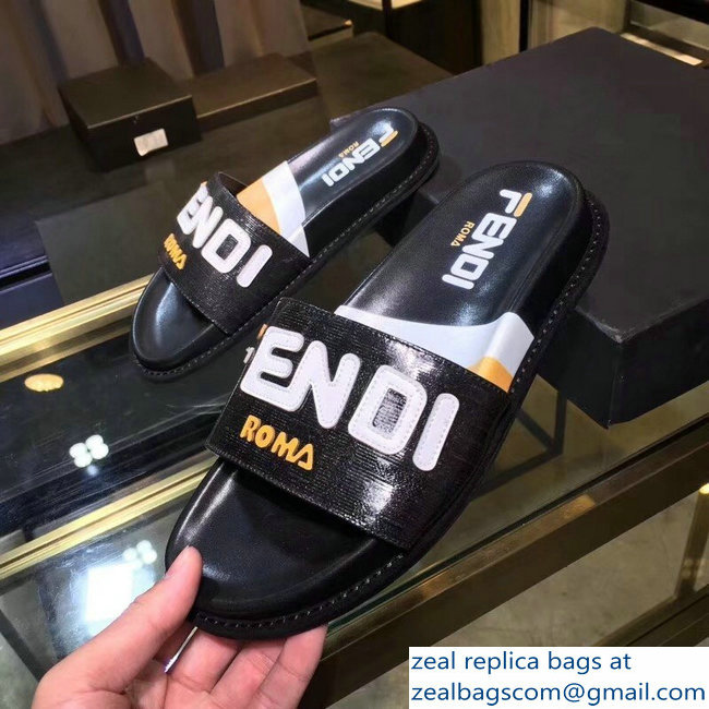 Fendi Glazed Fabric FF Mania Logo Slides Black 2018 - Click Image to Close