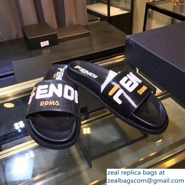 Fendi Glazed Fabric FF Mania Logo Slides Black 2018