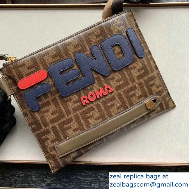 Fendi Glazed Fabric FF Mania Logo Slim Pouch Messenger Bag Brown 2018