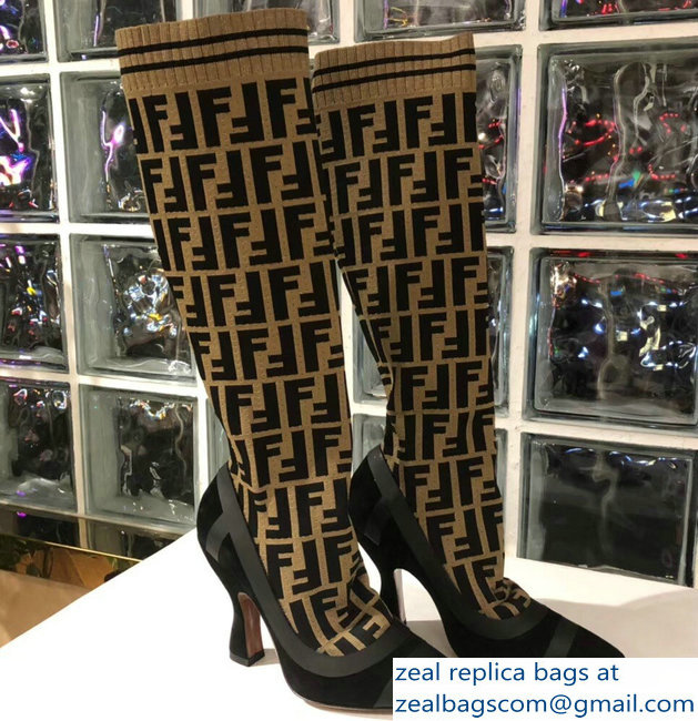 Fendi Heel 10.5cm All-Over FF Stretch Fabric Stocking Boots 2018