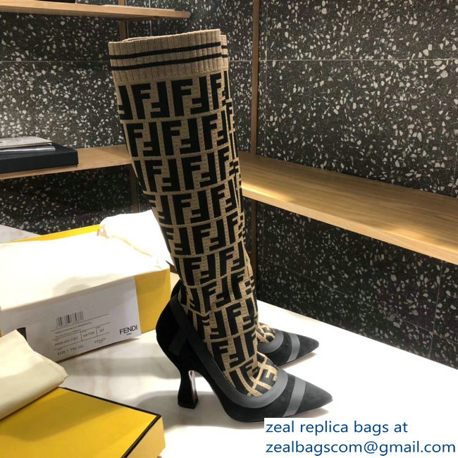 Fendi Heel 10.5cm All-Over FF Stretch Fabric Stocking Boots 2018