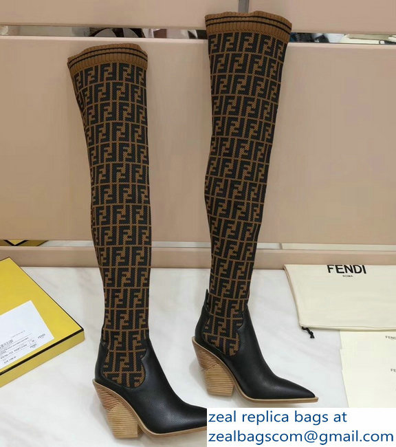 Fendi Heel 10cm All-Over FF Stretch Fabric Stocking Thigh-High Boots Brown 2018 - Click Image to Close