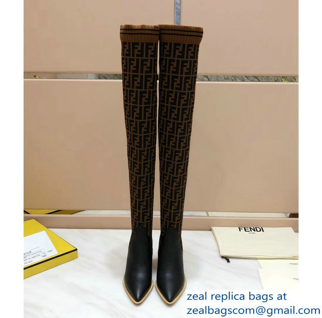 Fendi Heel 10cm All-Over FF Stretch Fabric Stocking Thigh-High Boots Brown 2018