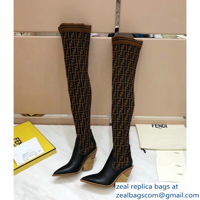 Fendi Heel 10cm All-Over FF Stretch Fabric Stocking Thigh-High Boots Brown 2018