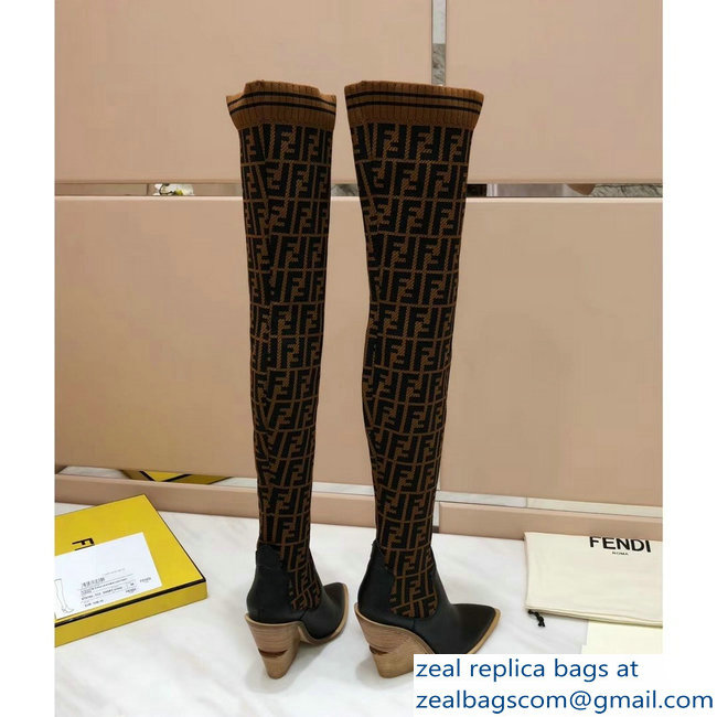 Fendi Heel 10cm All-Over FF Stretch Fabric Stocking Thigh-High Boots Brown 2018 - Click Image to Close