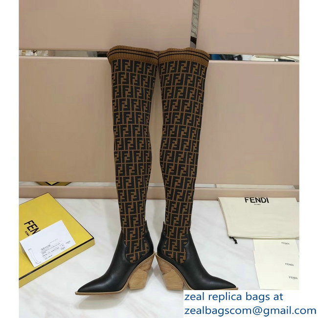 Fendi Heel 10cm All-Over FF Stretch Fabric Stocking Thigh-High Boots Brown 2018