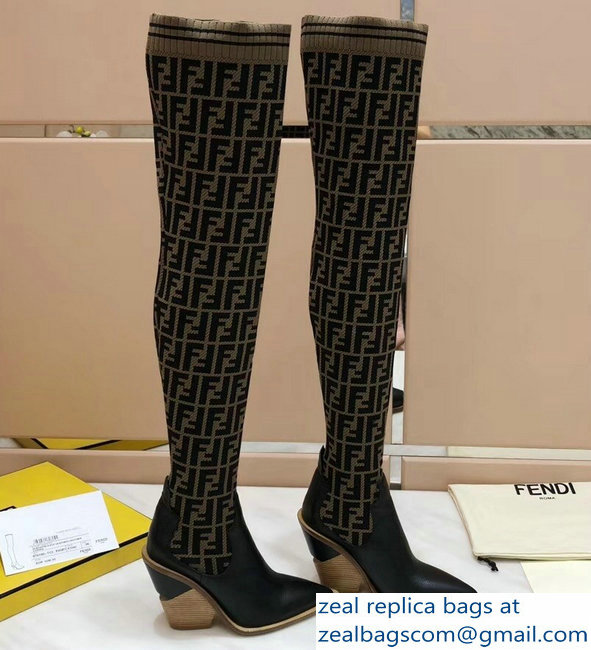 Fendi Heel 10cm All-Over FF Stretch Fabric Stocking Thigh-High Boots Coffee 2018 - Click Image to Close