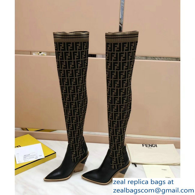 Fendi Heel 10cm All-Over FF Stretch Fabric Stocking Thigh-High Boots Coffee 2018