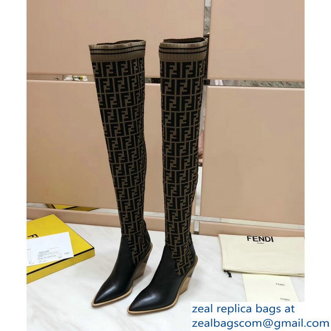 Fendi Heel 10cm All-Over FF Stretch Fabric Stocking Thigh-High Boots Coffee 2018