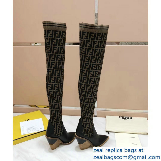 Fendi Heel 10cm All-Over FF Stretch Fabric Stocking Thigh-High Boots Coffee 2018