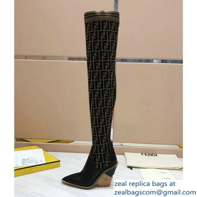 Fendi Heel 10cm All-Over FF Stretch Fabric Stocking Thigh-High Boots Coffee 2018