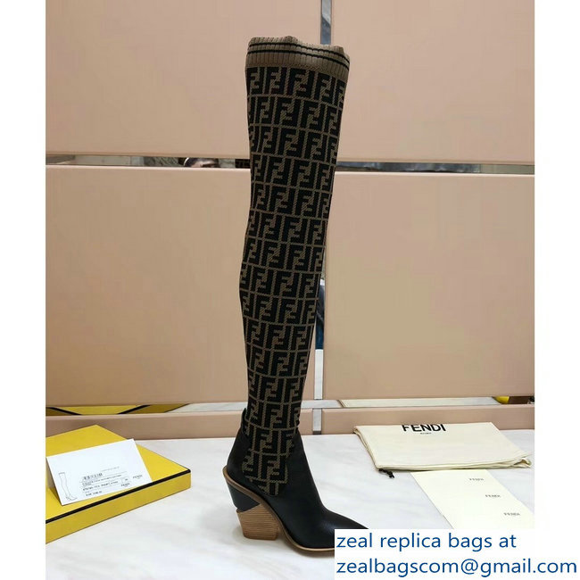 Fendi Heel 10cm All-Over FF Stretch Fabric Stocking Thigh-High Boots Coffee 2018
