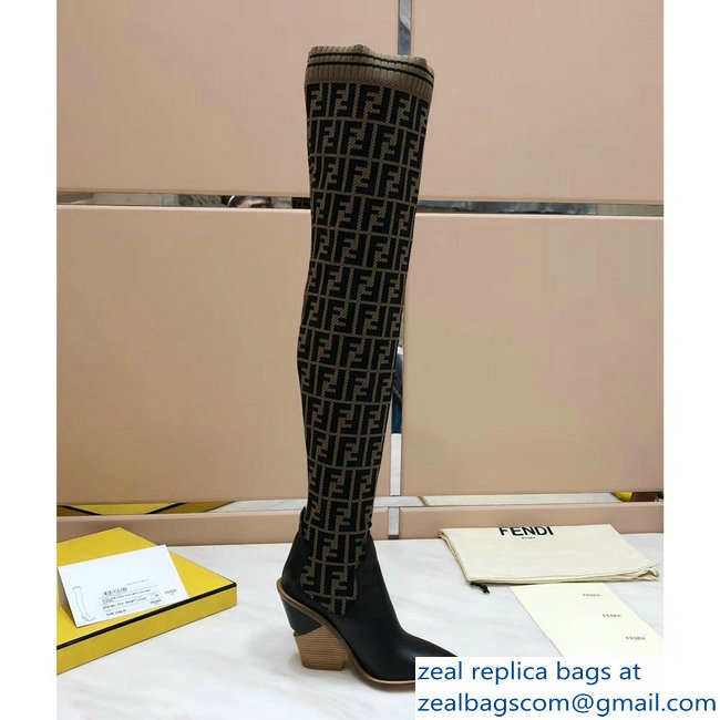 Fendi Heel 10cm All-Over FF Stretch Fabric Stocking Thigh-High Boots Coffee 2018 - Click Image to Close