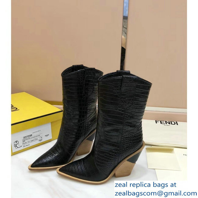 Fendi Heel 10cm Crocodile-Embossed Pointed Toe Ankle Boots Black 2018