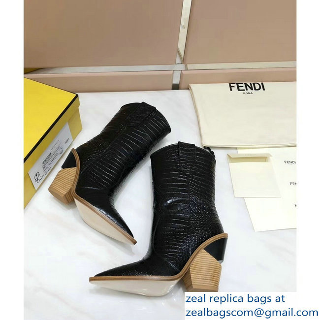 Fendi Heel 10cm Crocodile-Embossed Pointed Toe Ankle Boots Black 2018