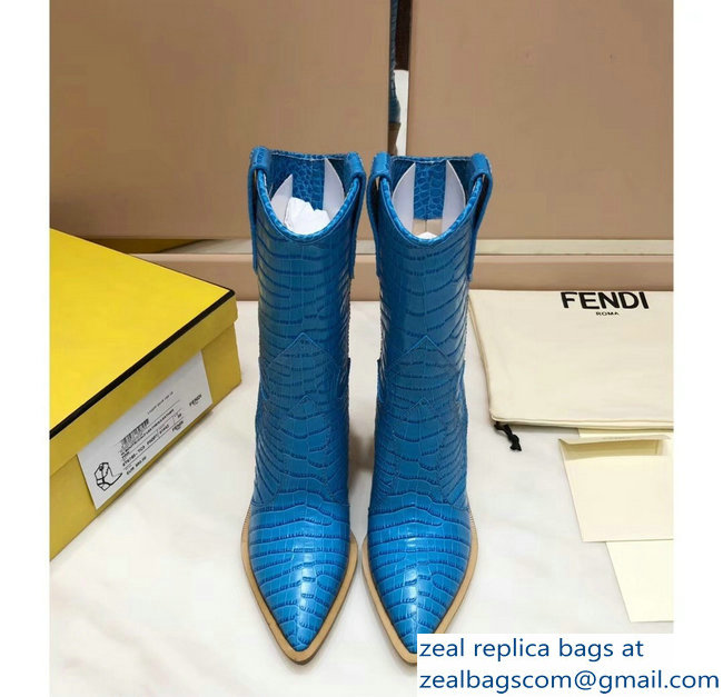 Fendi Heel 10cm Crocodile-Embossed Pointed Toe Ankle Boots Blue 2018