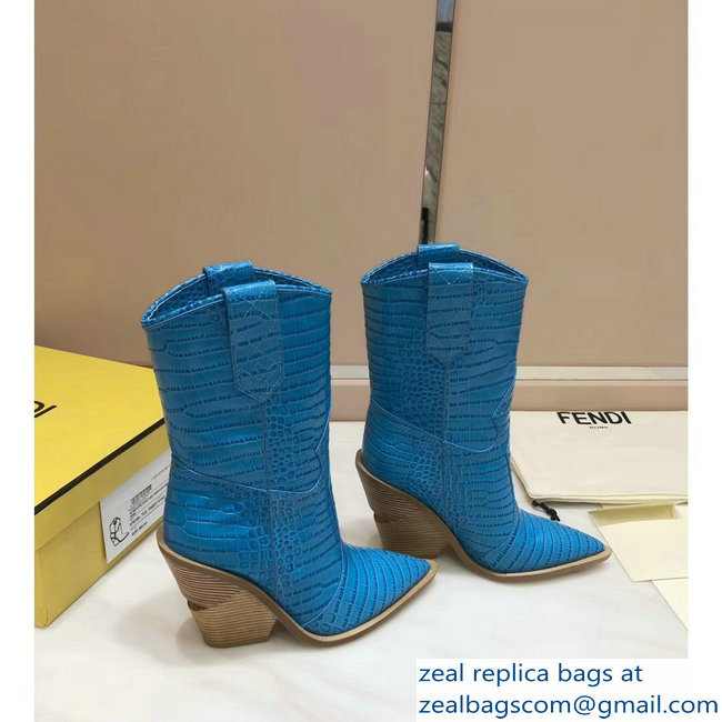 Fendi Heel 10cm Crocodile-Embossed Pointed Toe Ankle Boots Blue 2018