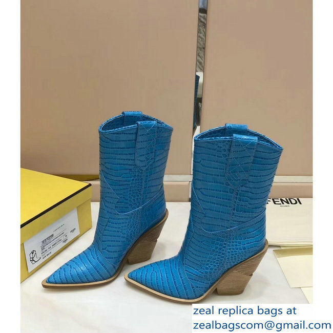Fendi Heel 10cm Crocodile-Embossed Pointed Toe Ankle Boots Blue 2018