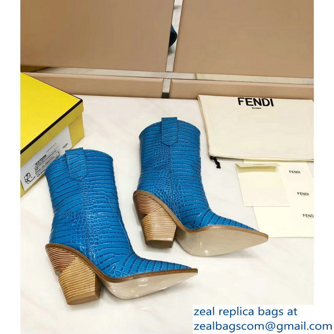 Fendi Heel 10cm Crocodile-Embossed Pointed Toe Ankle Boots Blue 2018