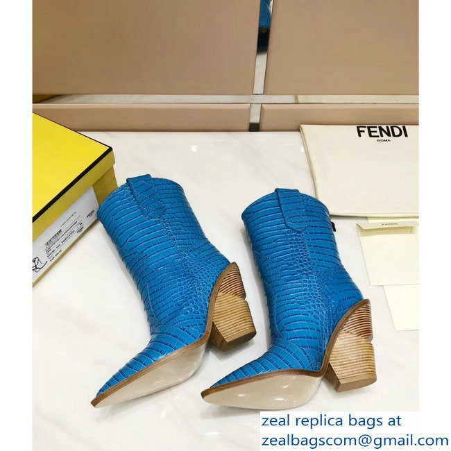 Fendi Heel 10cm Crocodile-Embossed Pointed Toe Ankle Boots Blue 2018