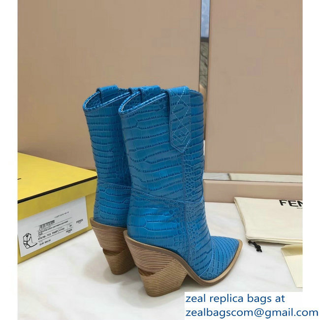 Fendi Heel 10cm Crocodile-Embossed Pointed Toe Ankle Boots Blue 2018