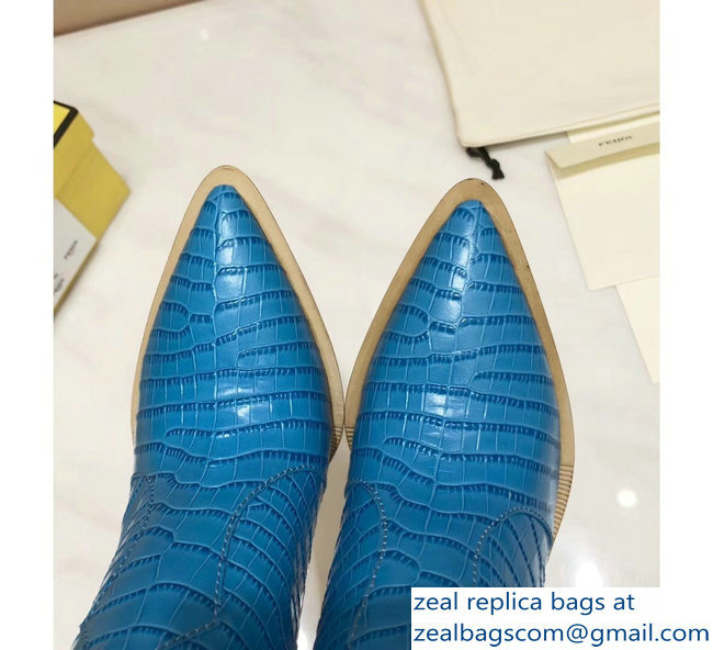Fendi Heel 10cm Crocodile-Embossed Pointed Toe Ankle Boots Blue 2018