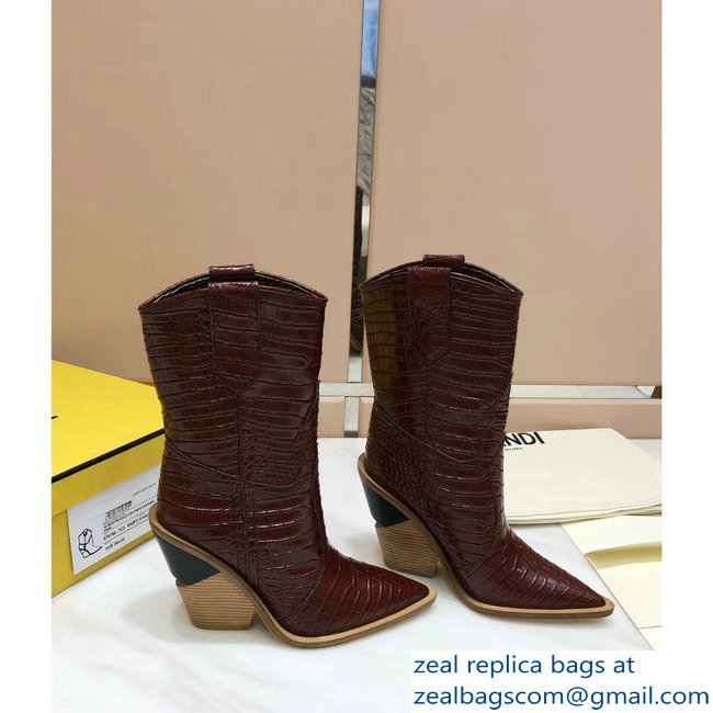 Fendi Heel 10cm Crocodile-Embossed Pointed Toe Ankle Boots Burgundy 2018