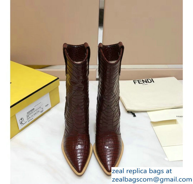 Fendi Heel 10cm Crocodile-Embossed Pointed Toe Ankle Boots Burgundy 2018