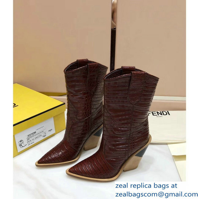 Fendi Heel 10cm Crocodile-Embossed Pointed Toe Ankle Boots Burgundy 2018